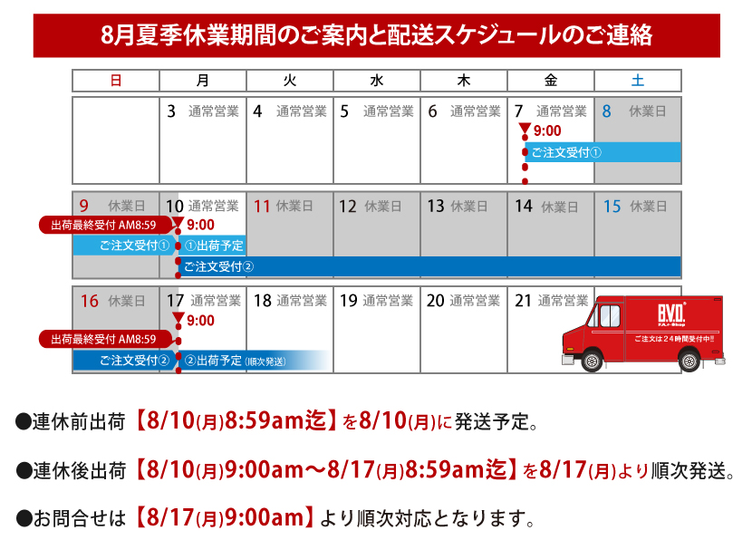 夏季休業配送スケジュールのお知らせ