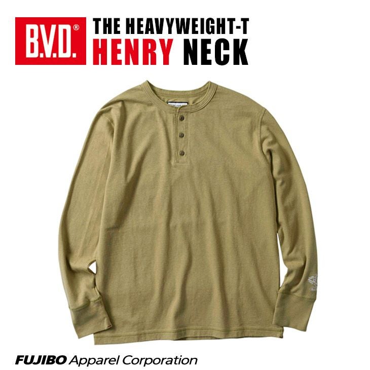 日本製 ヘビーウエイト 綿100 ヘンリーネックロングスリーブTシャツ 長袖 byBVD M L XL GR598 B V D 直販オンラインストア